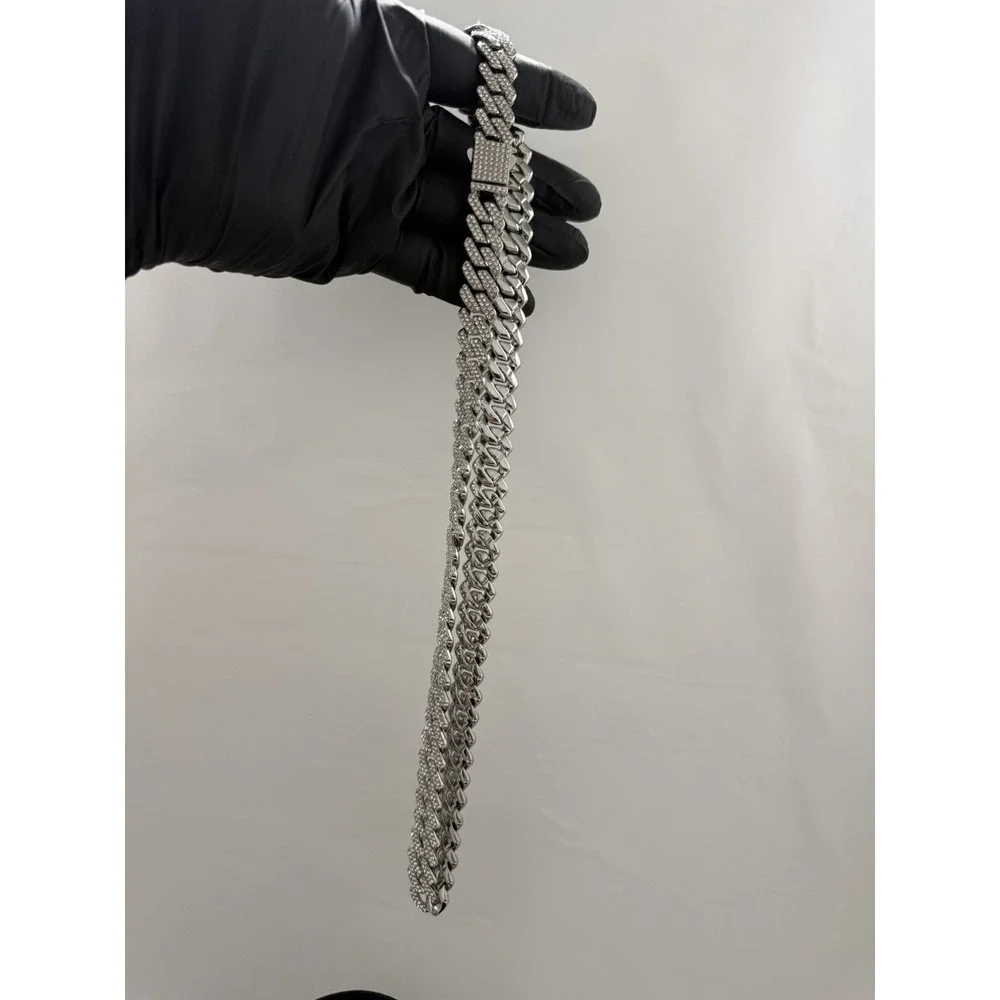iced out cuban chain crystal vvscz silver over stainless 26in 14mm water resist
